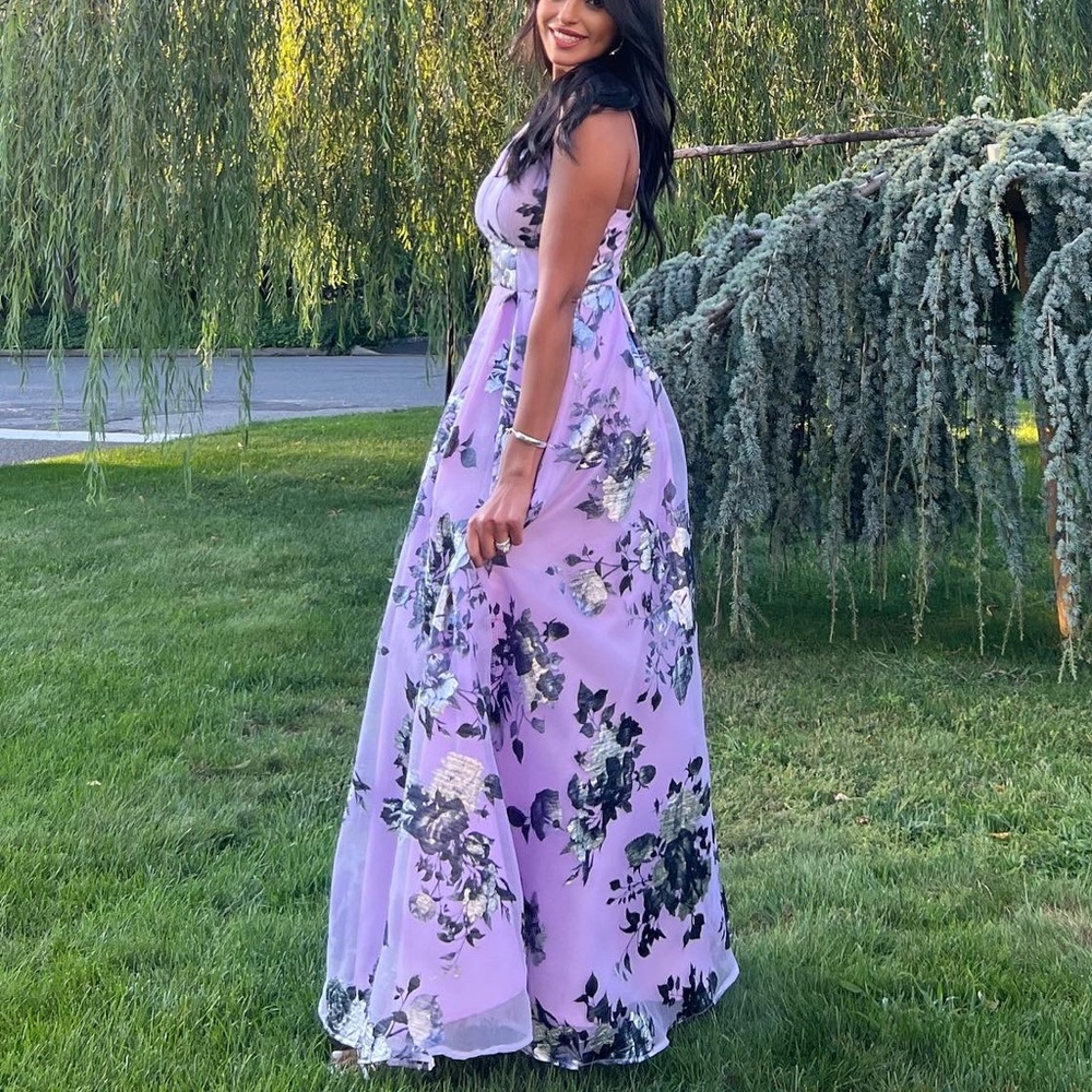 Lilac black purple wedding guest maxi dress pockets straps floral